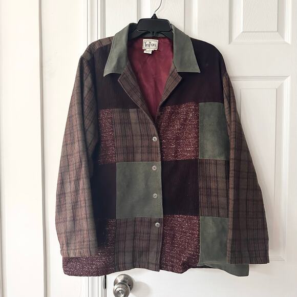 Tantrums Jackets & Blazers - Tantrums Red Green Vintage Wool Patchwork Tweed Faux Suede Button Jacket XL